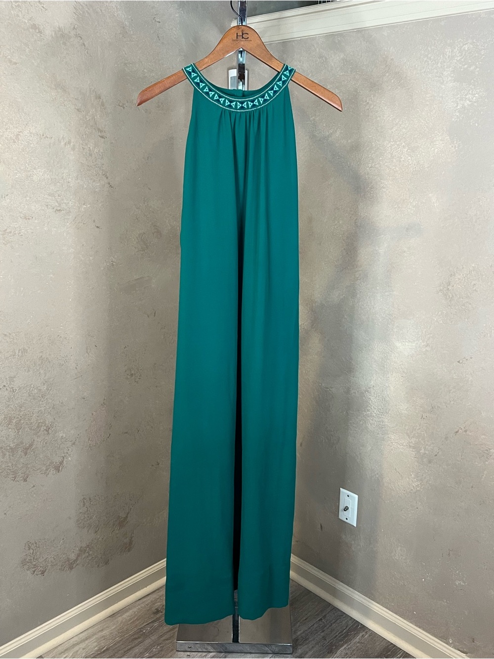 Maurices Womens XL Green Halter Maxi Dress Lined Embroidered Bling